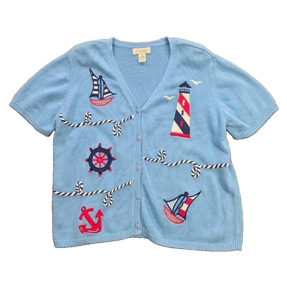 Bechamel Blue Nautical Embroidered Short Sleeve Cardigan Sweater XL A011367